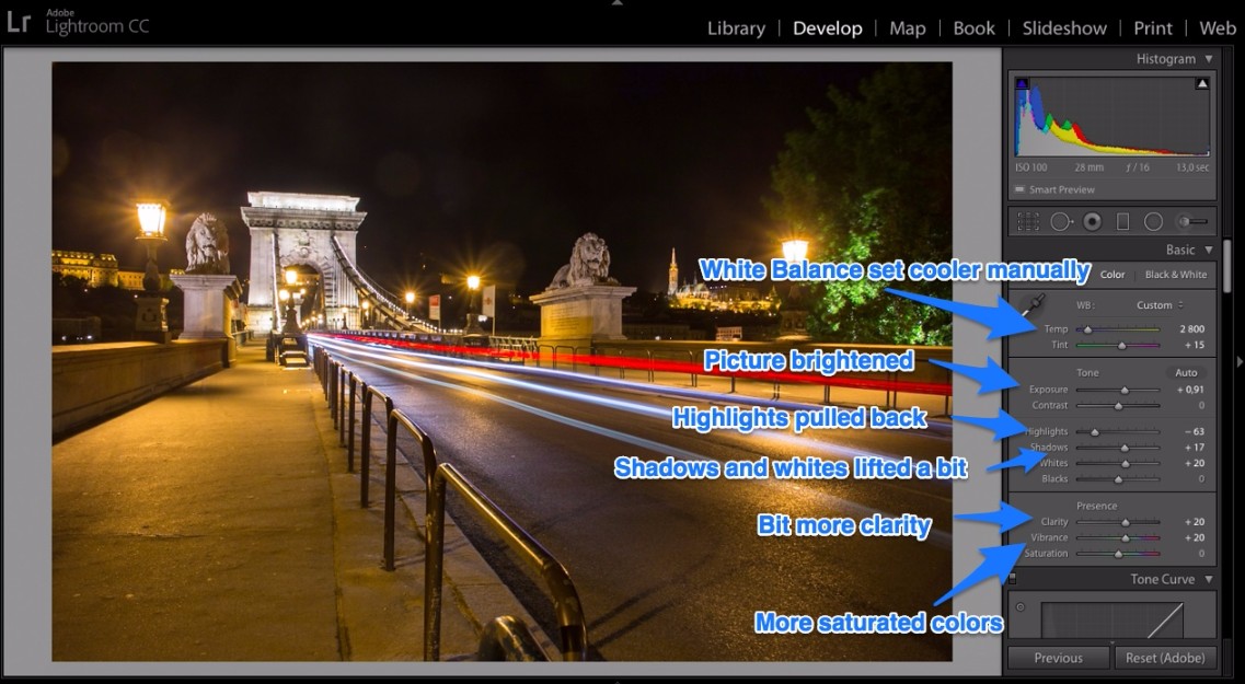 Lightroom editing night photo in develop panel