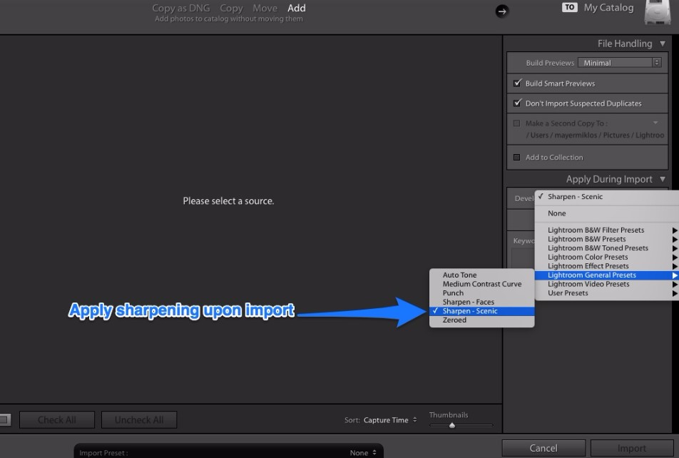 Lightroom import panel sharpening