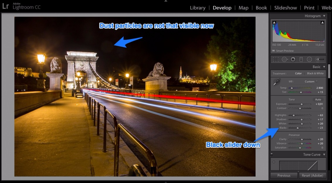 Lightroom dust particles disappear by black slider