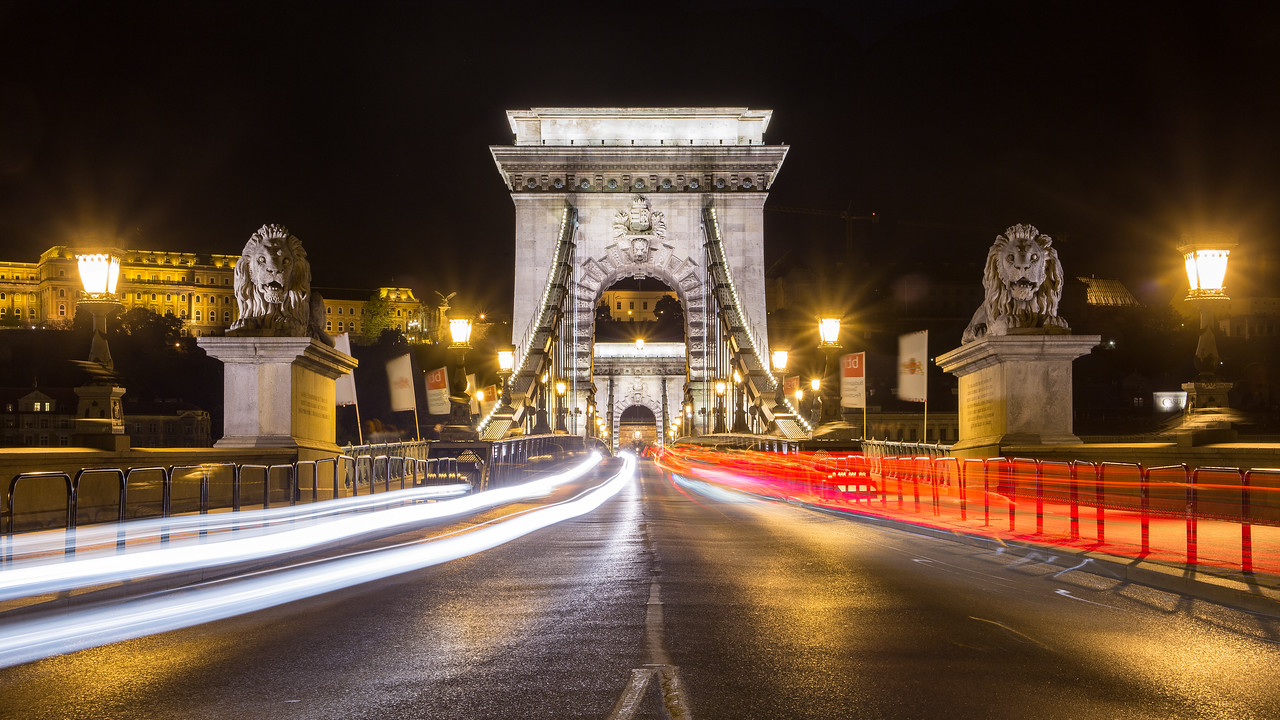 Budapest Chain Bridge with lighttrails