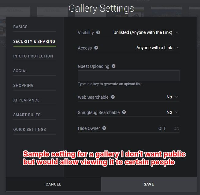 Smugmug security settings for unlisted gallery