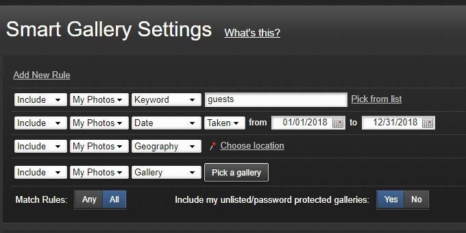 Smugmug smart gallery filters