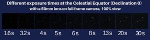 comparison of different exposure times on stars with 50mm lens at the equator