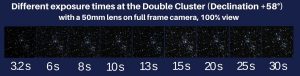 comparison of different exposure times on stars with 50mm lens declination 58 degrees