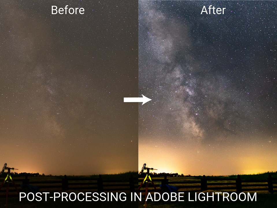 milky way post  processing  in Adobe Lightroom before  after  