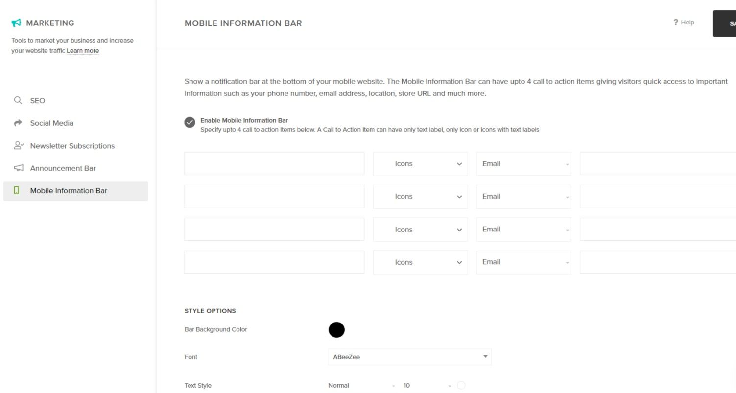 Pixpa mobile information bar setup