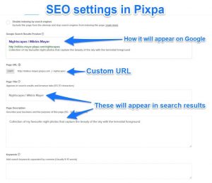 Advanced SEO page settings in Pixpa