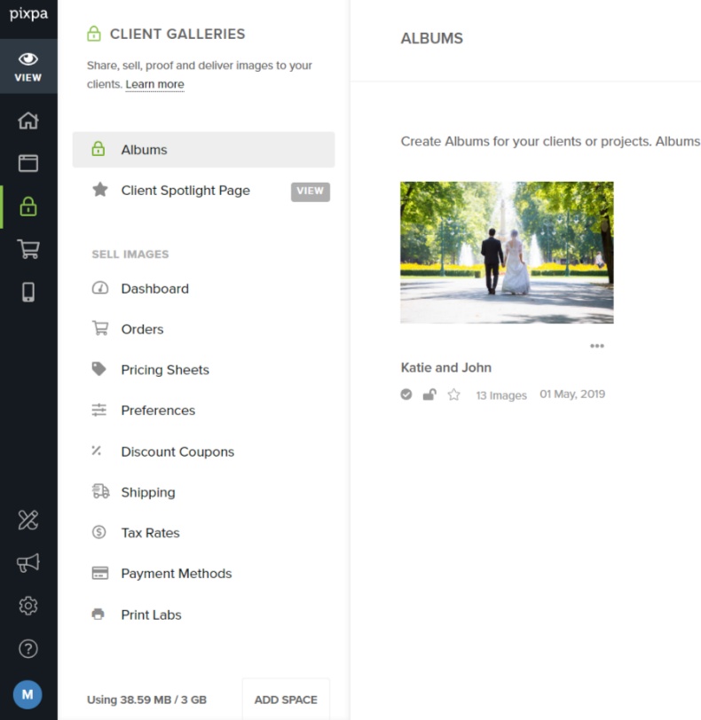 Pixpa client galleries settings