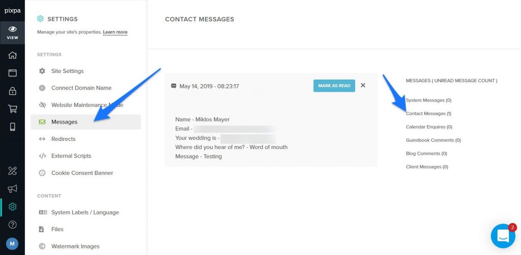 Contact messages listed on Pixpa dashboard