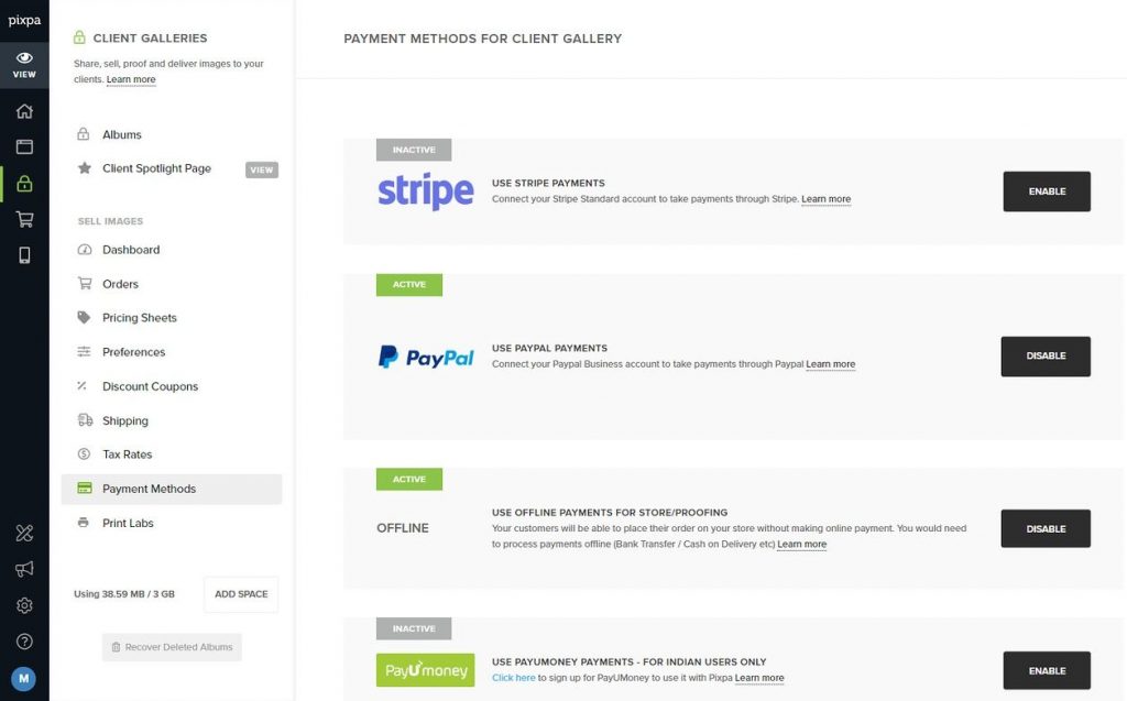 pixpa payment gateways setup