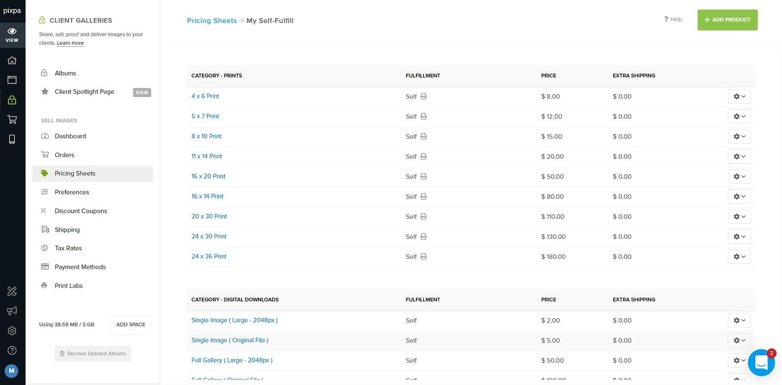 pixpa pricing sheet