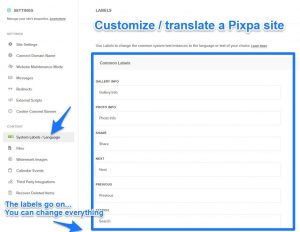 Customizing / translating system labels for your Pixpa site