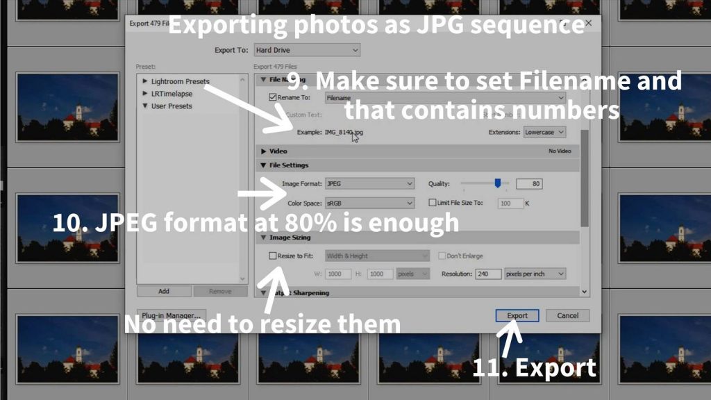 timelapse post-processing lightroom exporting filenaming